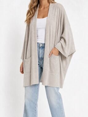 DONNI NWT O/S Open Front Long Cardigan Gray Beige Ribbed Knit Duster Pockets
